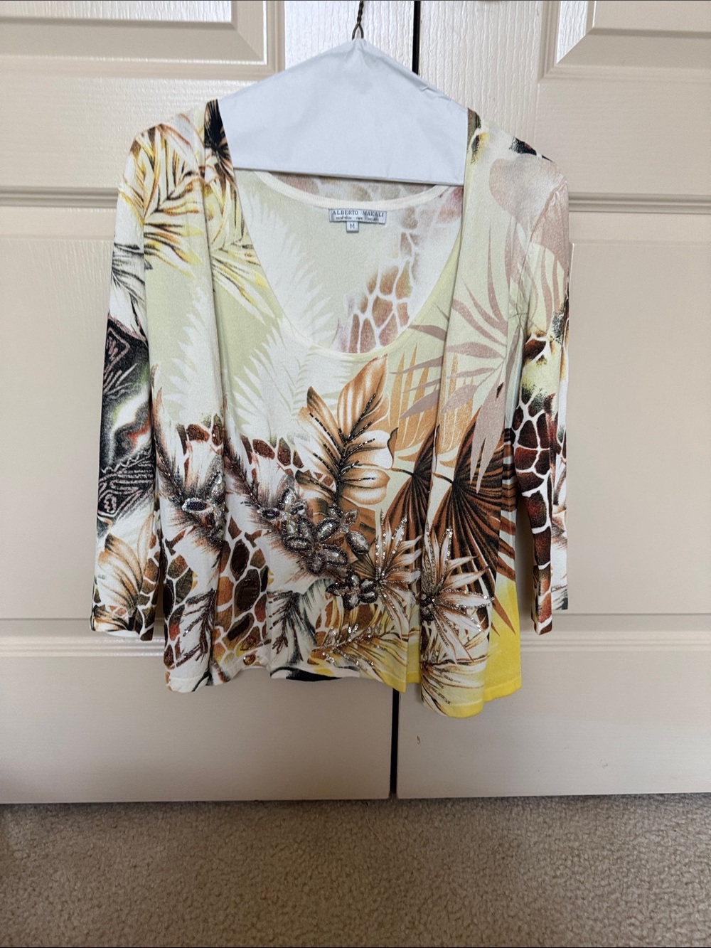 Roberto Cavalli Floral Leaf Print Shell and Cardigan Set in Yellow, Brown, Cream